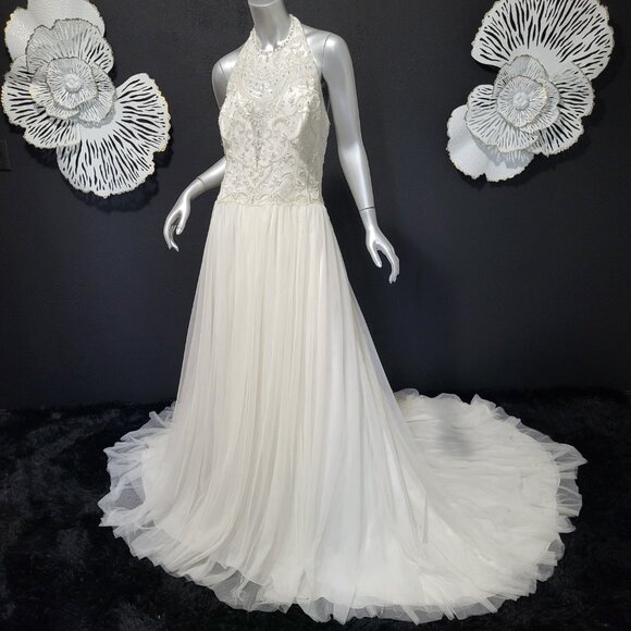 NWT~$1750~SOPHIA TOLLI~12~IVORY BEADED LACE FIT & FLARE HALTER WEDDING DRESS - Picture 8 of 16